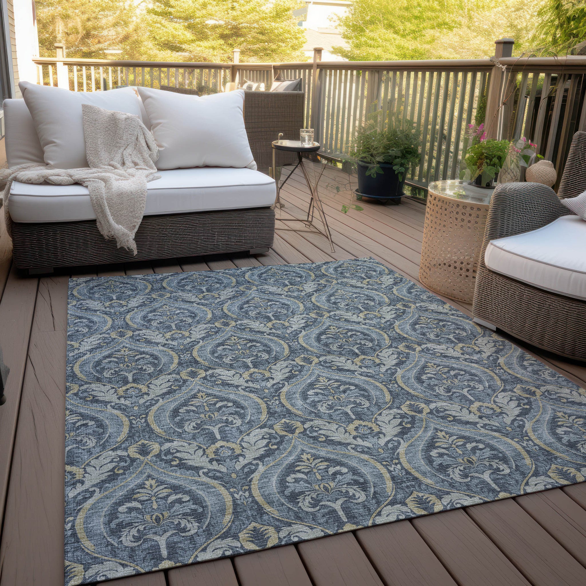 Stylish Washable and Stain - Resistant Non - Skid Damask Design Indoor Outdoor Runner Rug Measuring 27 Inches by 90 Inches