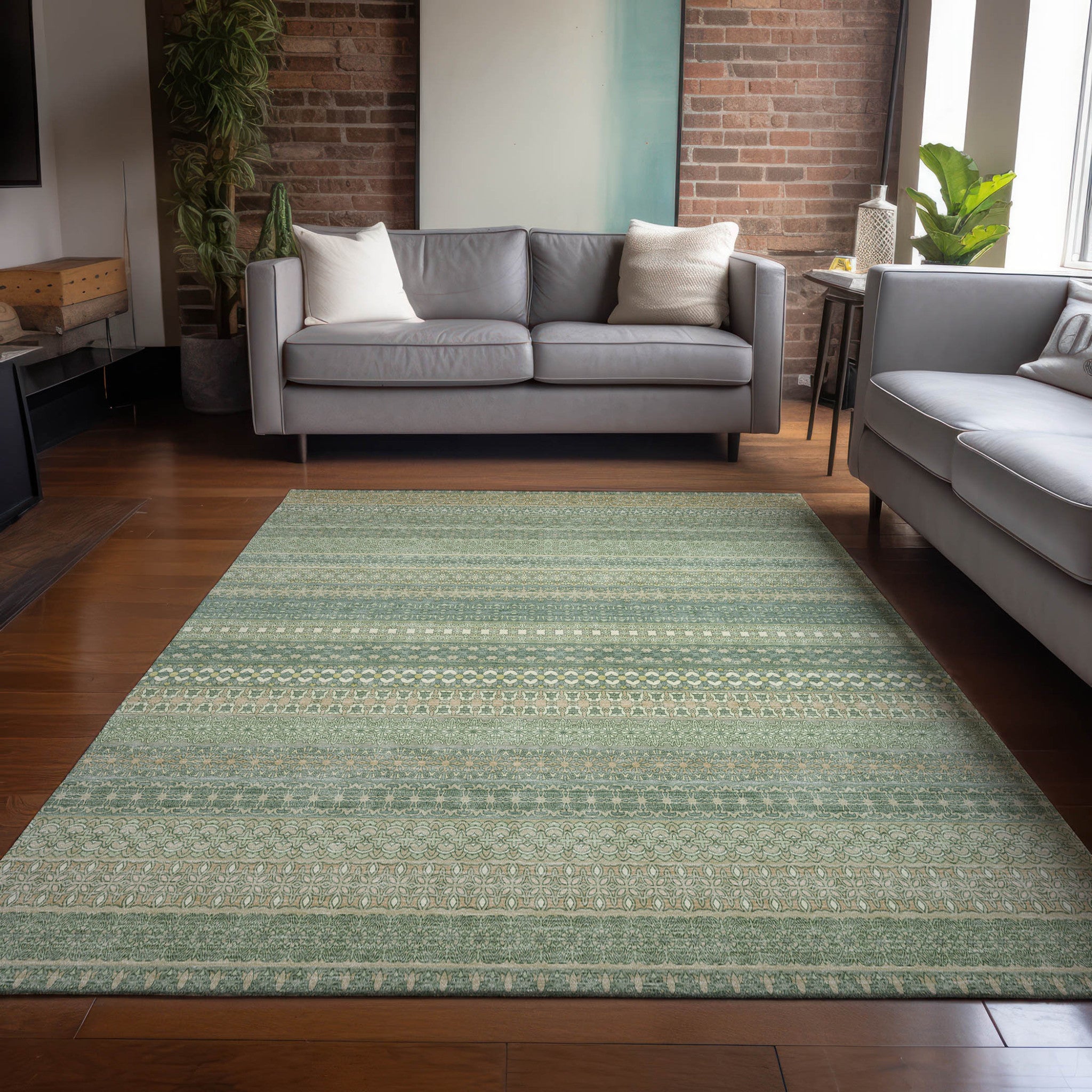 Artichoke Green Striped Indoor-Outdoor Runner Rug: Stain-Resistant, Washable & Stylish