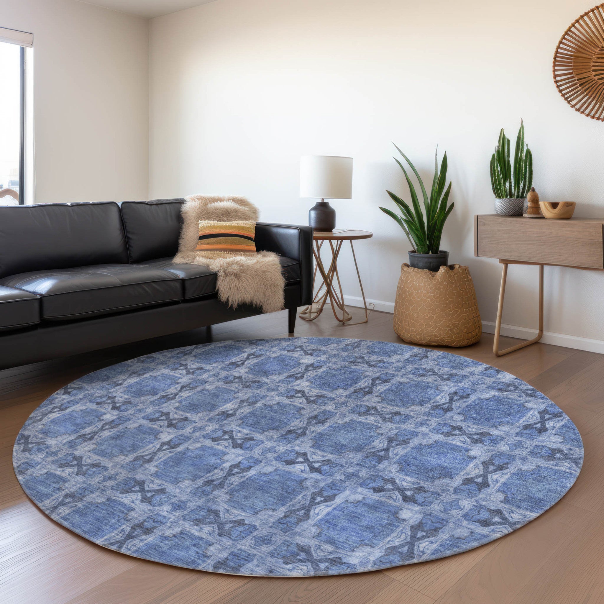 Stain-Resistant, Non-Skid Washable Teal Floral Medallion Round Runner Rug for Indoors & Outdoors