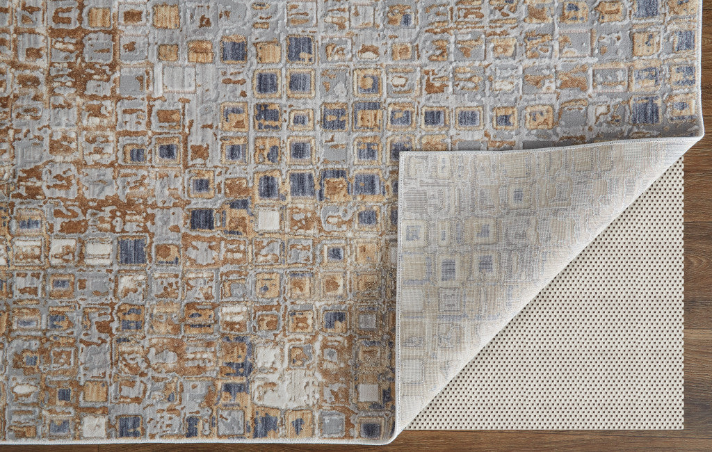 Stain-Resistant Geometric Power Loom Area Rug in Tan, Ivory & Blue for Warm, Stylish Spaces