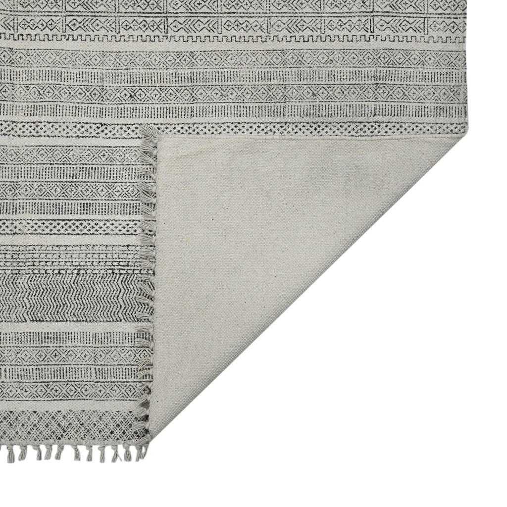 Stylish Handmade Charcoal Geometric Flatweave Area Rug with Elegant and Timeless Tassel Ends