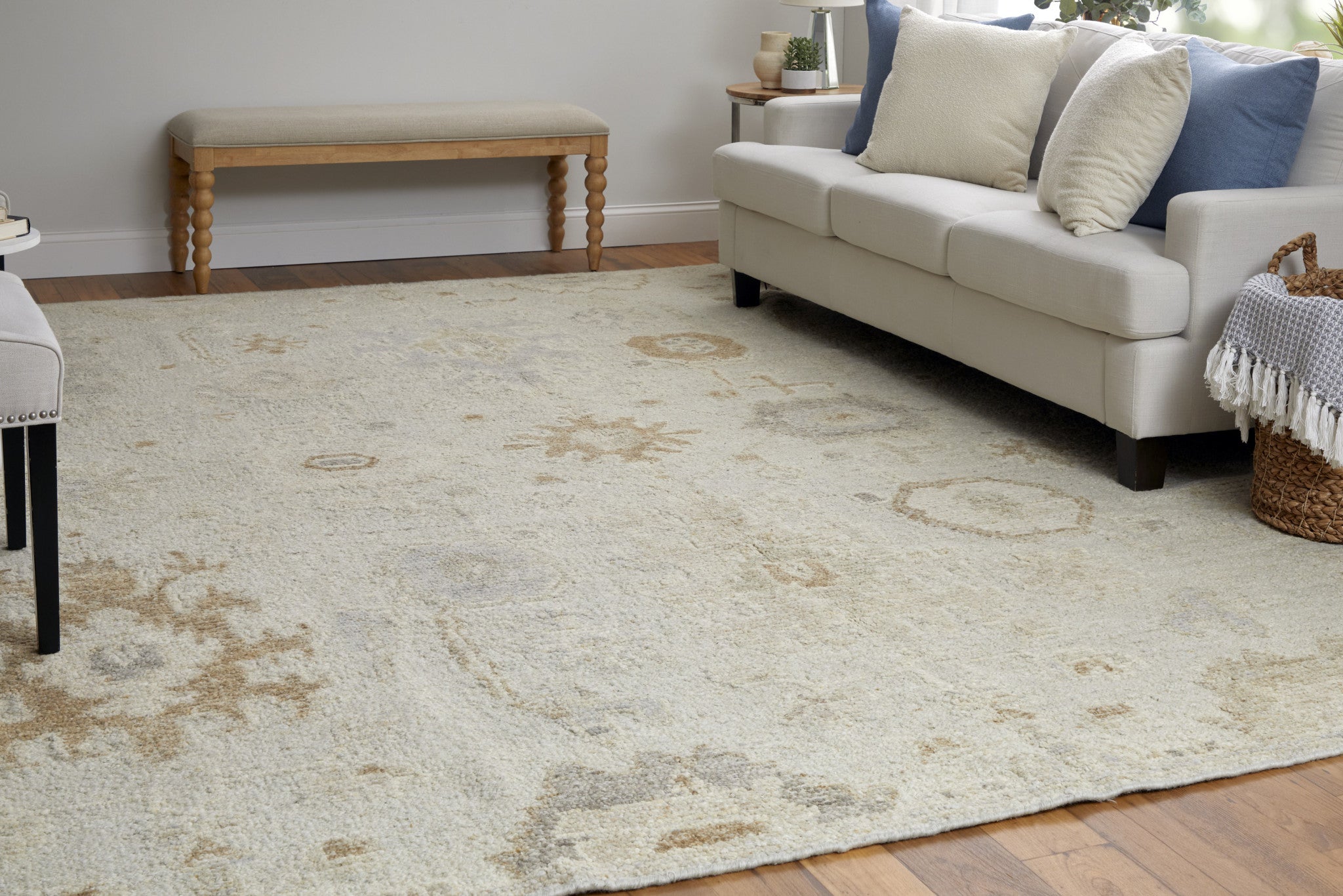 Elegant Hand - Knotted Tan & Gray Floral Area Rug for Cozy Living Spaces