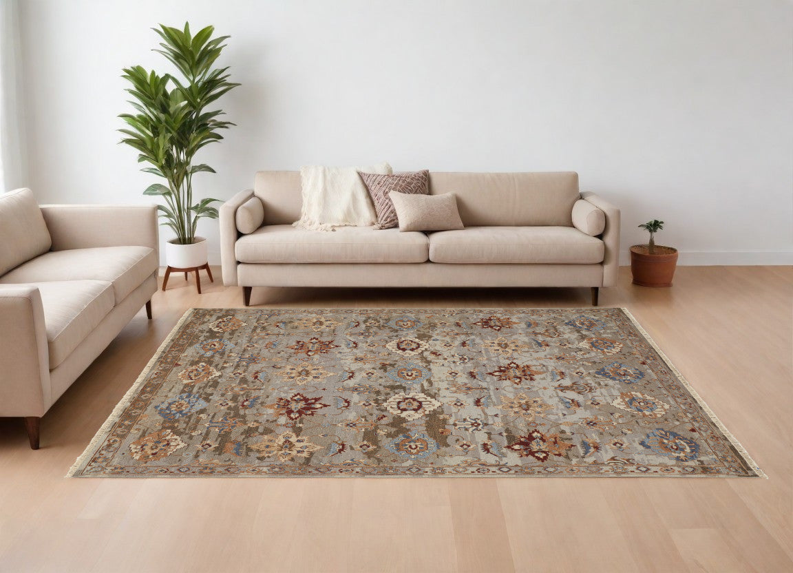 Exquisite Hand - Knotted Wool Floral Area Rug with Fringe, Stain - Resistant, Perfect for Interior Accent