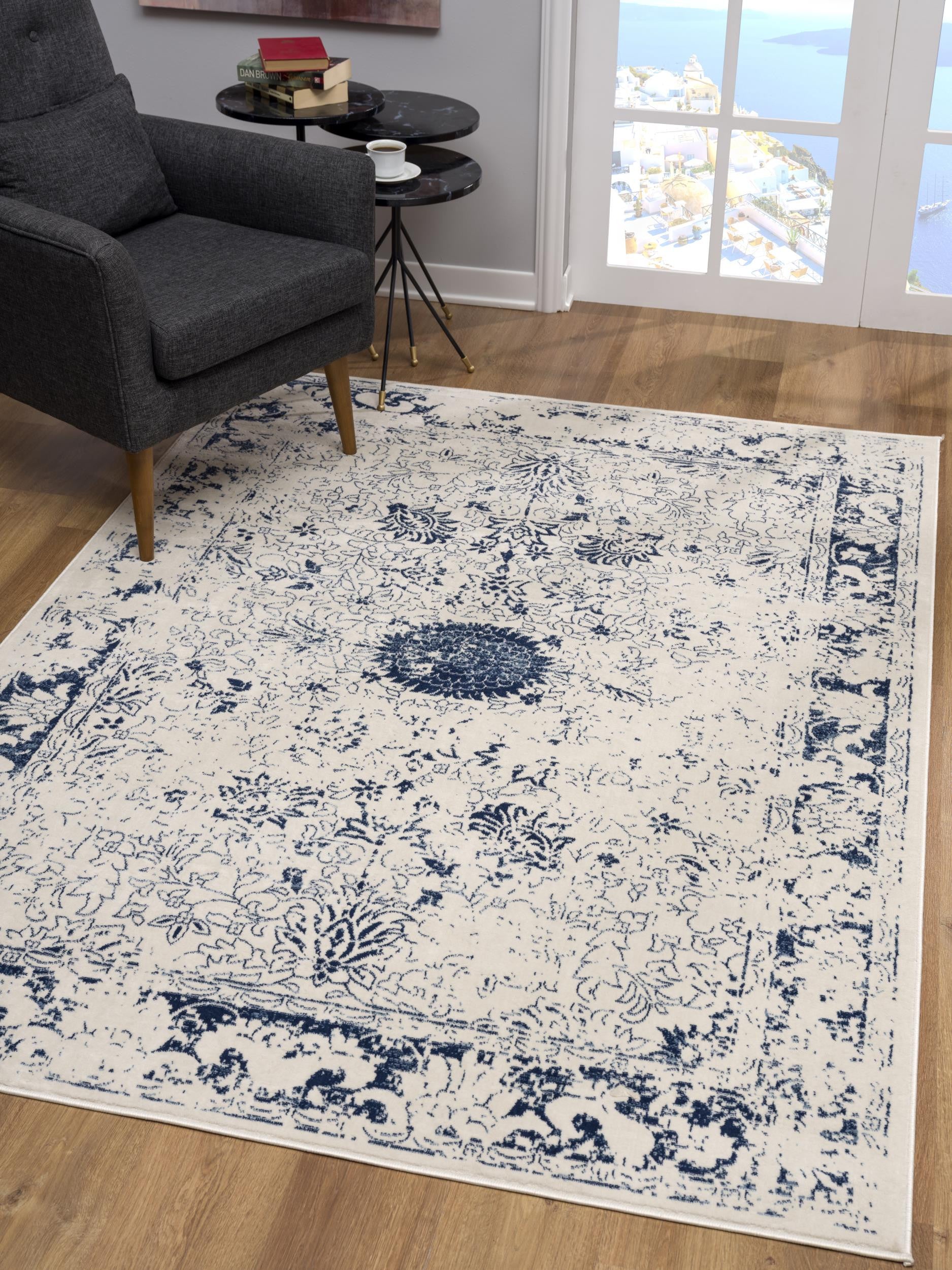Luxurious and Durable Navy Blue Distressed Floral Area Rug - A Timeless Decorative Accent for Every Interior Space