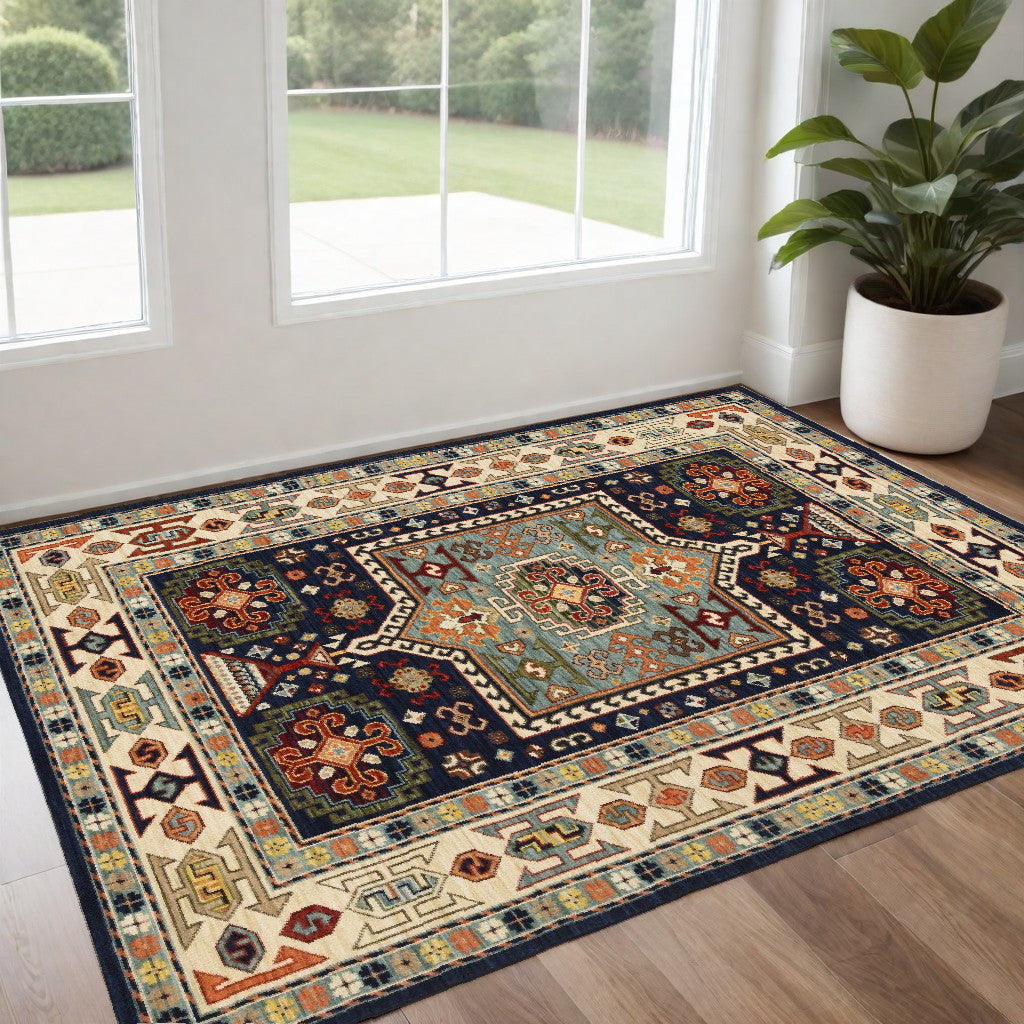 Durable Blue and Ivory Geometric Oriental Scatter Rug for High-Traffic Indoor Areas