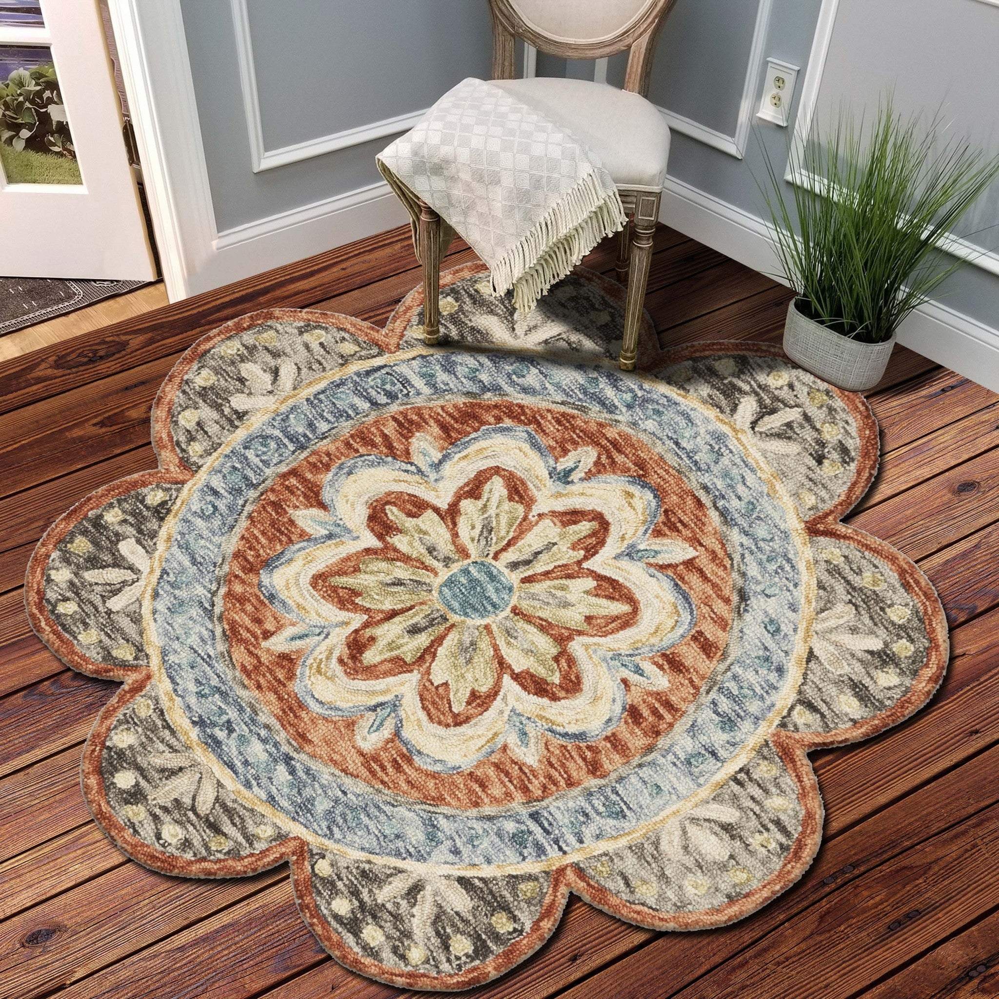Handmade Orange Round Area Rug with Scalloped Edge - Wool for Comfort & Classic Style