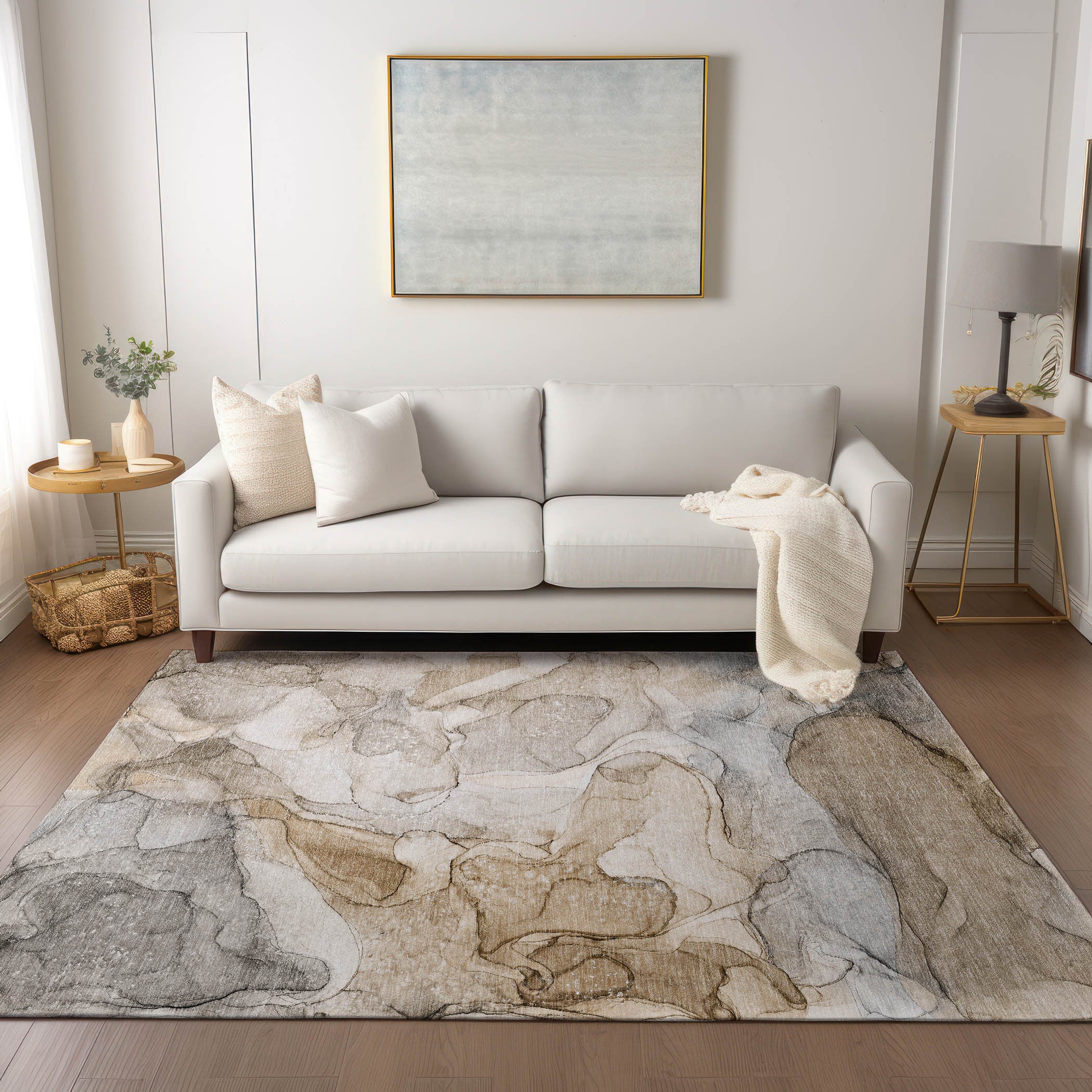 Beige Abstract Washable, Stain-Resistant & Non-Skid Indoor-Outdoor Runner Rug