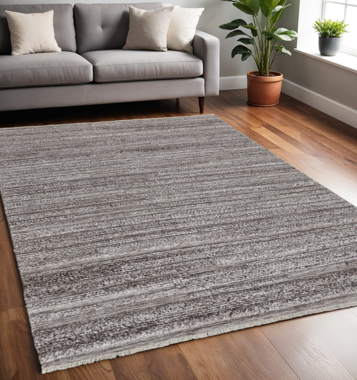 Stylish Hand-Woven Stain-Resistant Area Rug in Ivory & Taupe Stripes for Homes