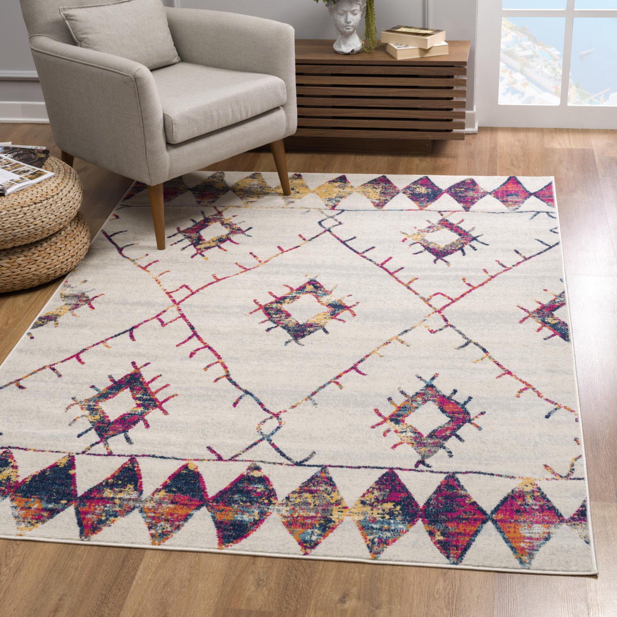 Ivory and Gold Modern Bohemian Abstract Geometric Runner Rug for Home Decor
