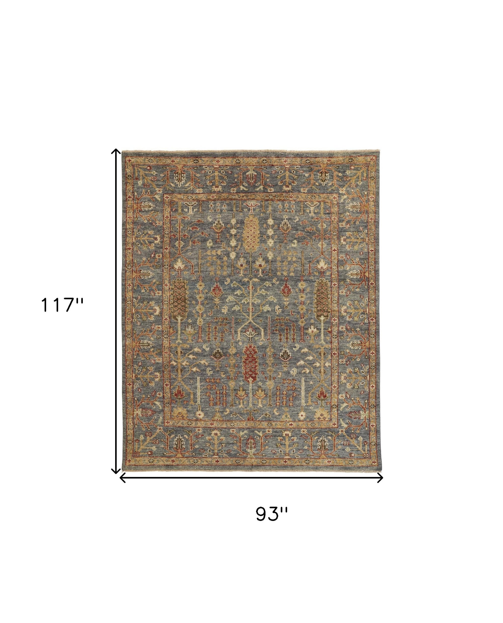 Stain-Resistant Hand-Knotted Wool Area Rug with Fringe in Gray, Gold, and Red Floral Design