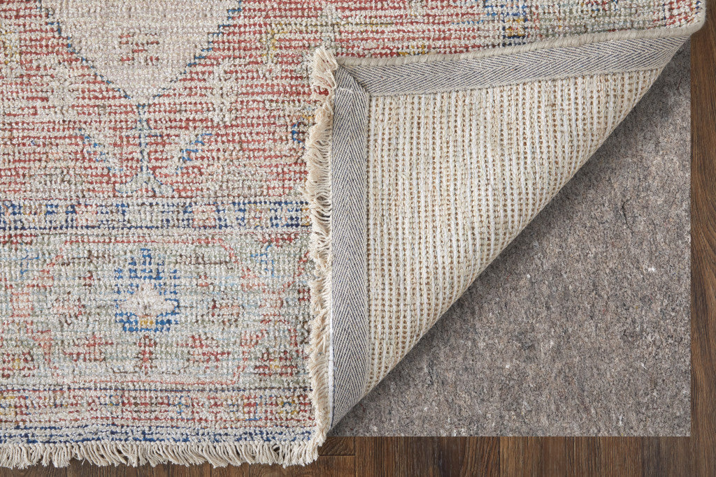 Artisan Hand-Woven Distressed Area Rug - Abstract Red, Blue, and Ivory Design with Fringe
