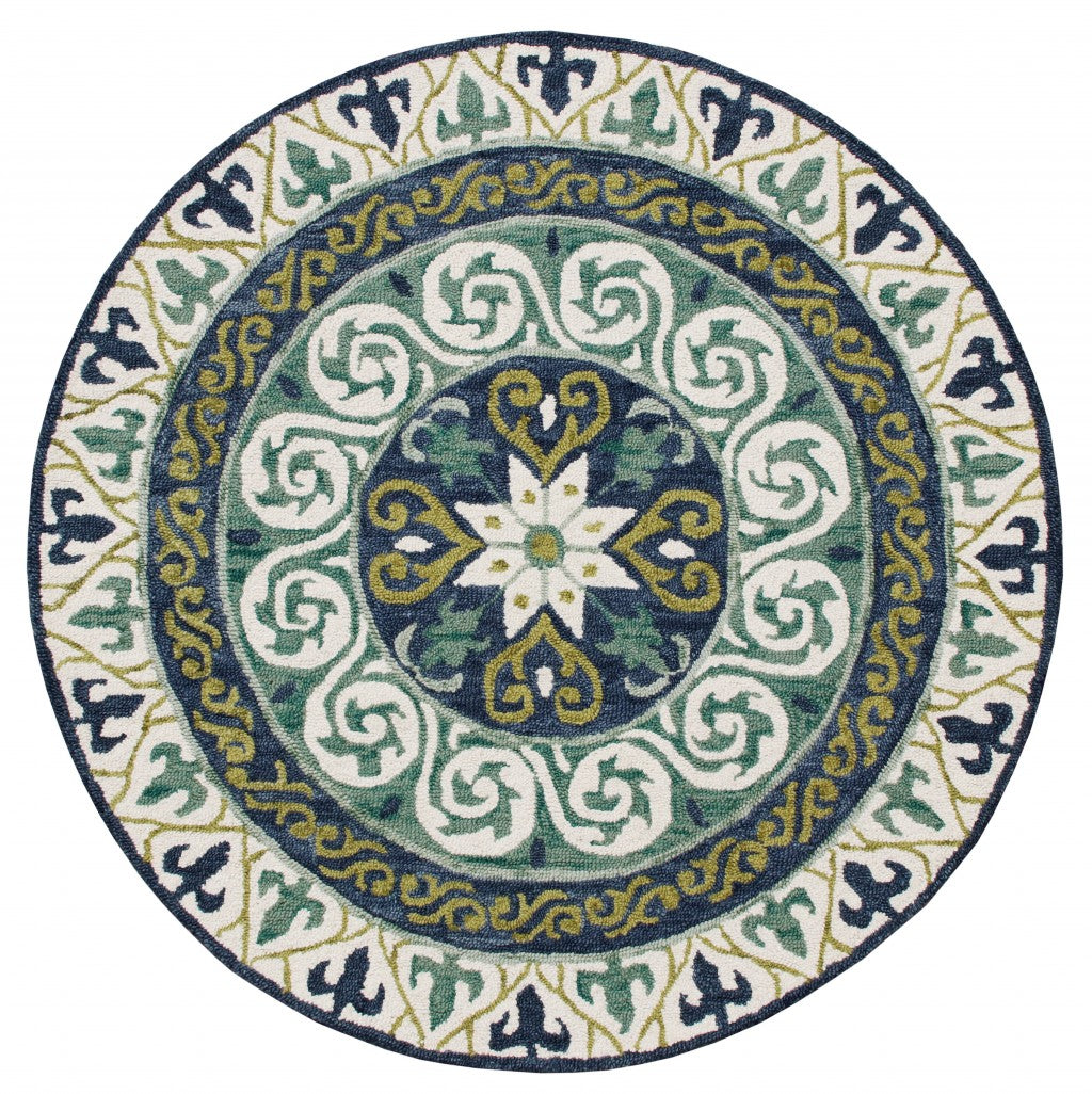 Exquisite Round Area Rug with Blue and Green Ornate Medallions - Ideal for Durable and Elegant Classic Interior Decor