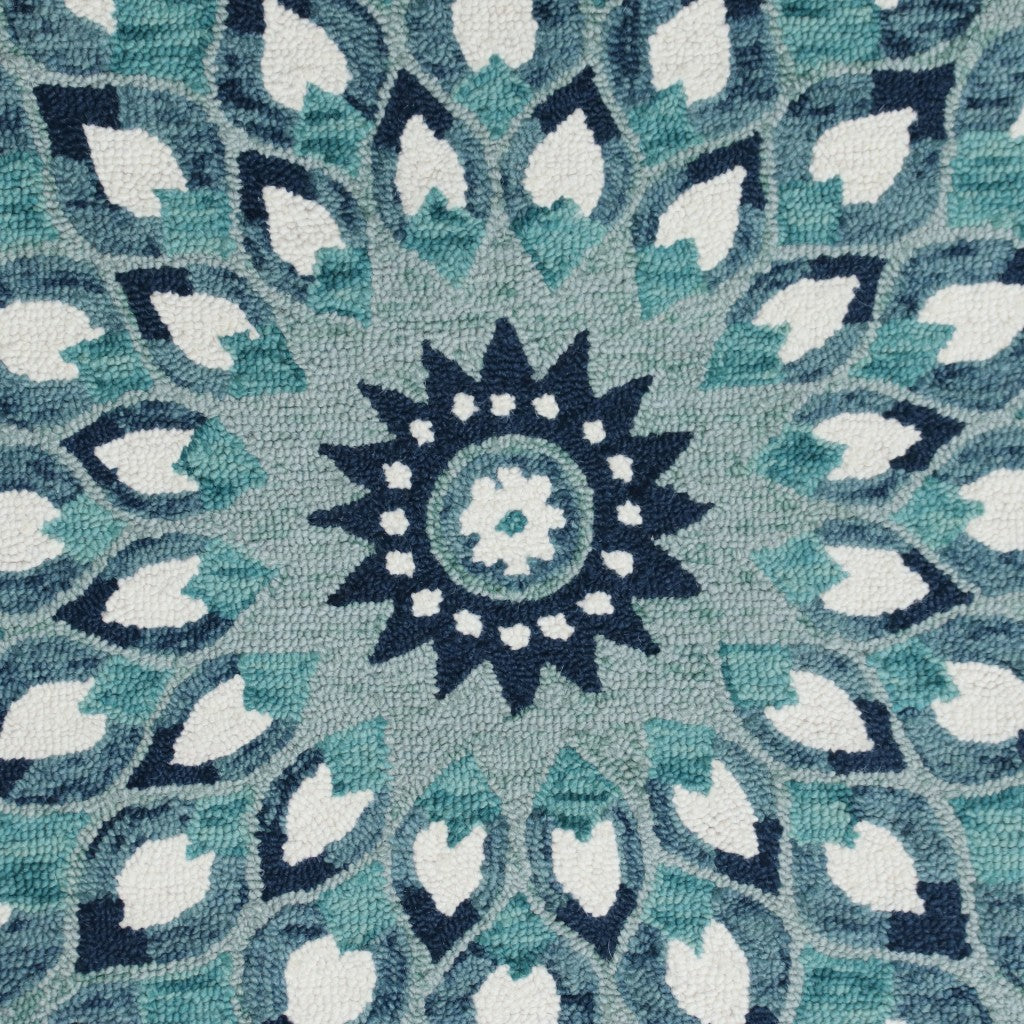 Soft Wool Round Area Rug with Blue and White Floral Feather Design for Cozy Modern Living Spaces