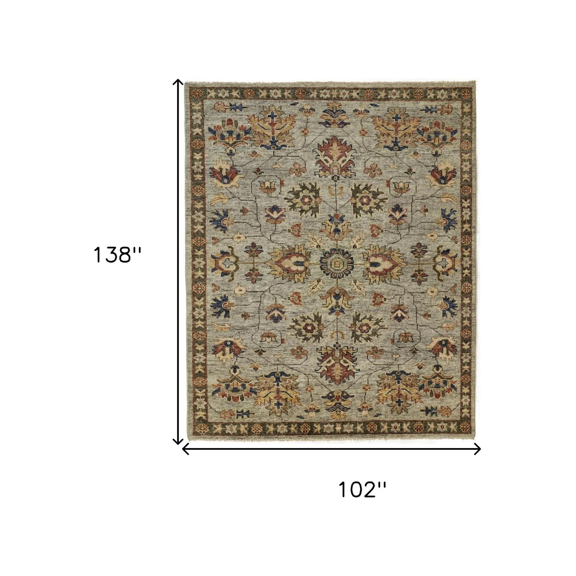 Stain-Resistant Hand-Knotted Wool Area Rug with Fringe in Gray, Gold, and Red Floral Design