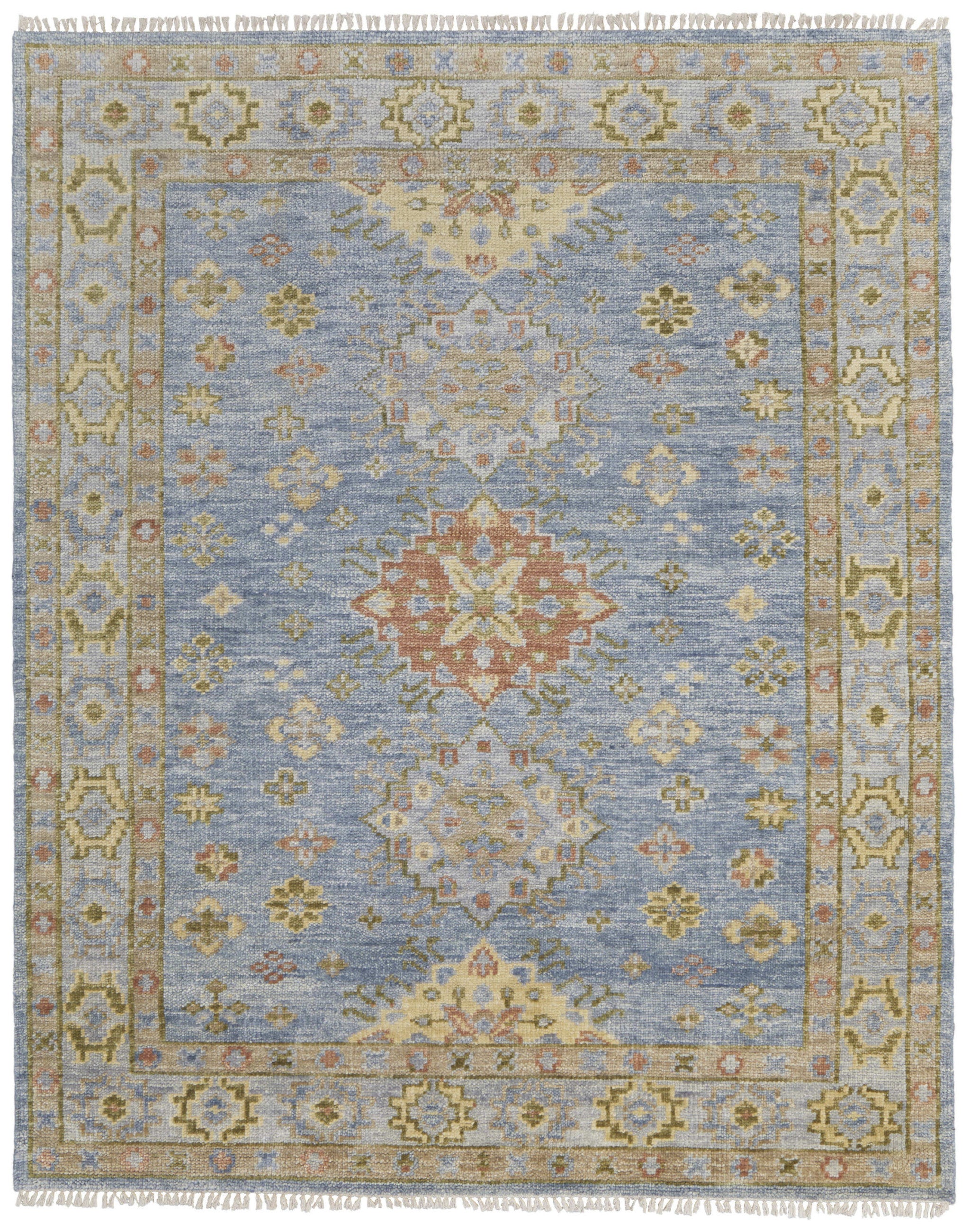 Artisan Hand Knotted Geometric Wool Area Rug with Fringed Tassels – Stylish and Stain-Resistant Home Decor