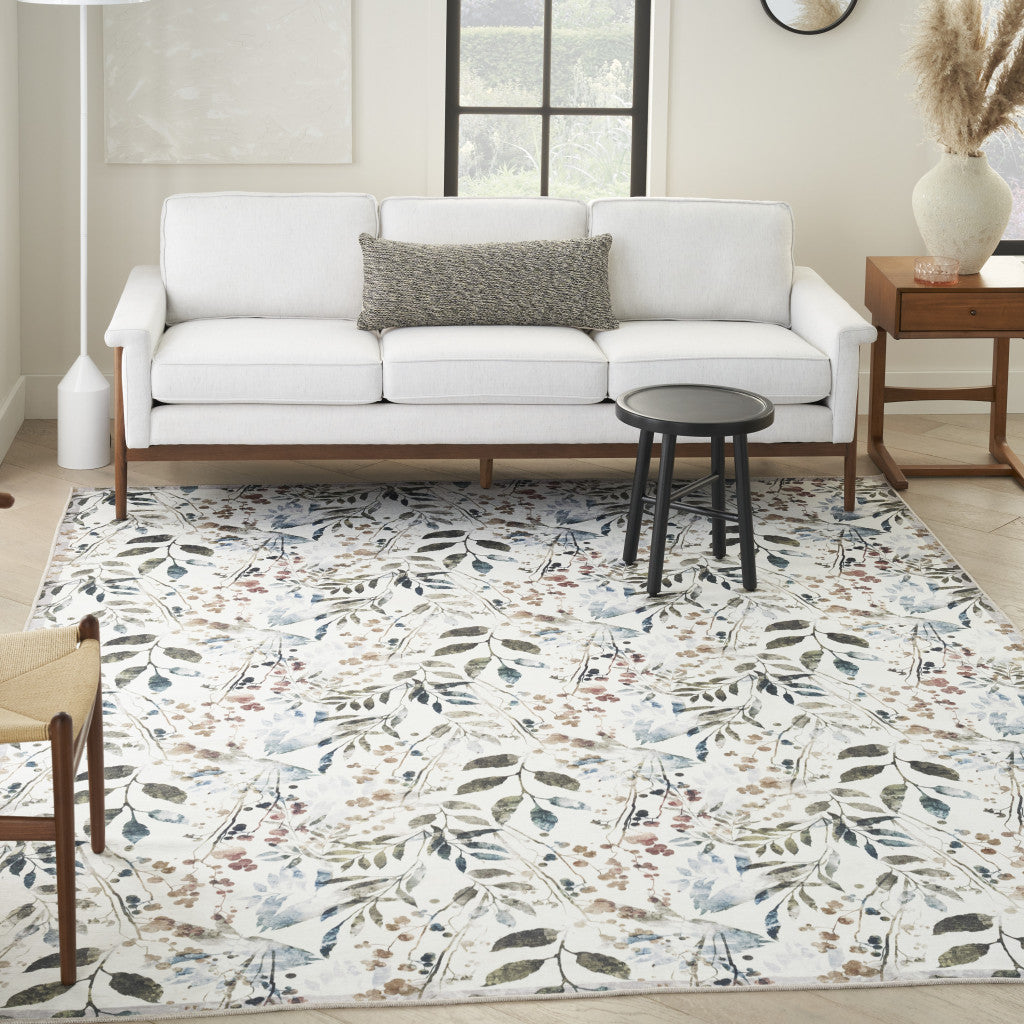 Stylish 6' x 9' Washable Non-Skid Ivory, Green & Red Floral Power Loom Area Rug