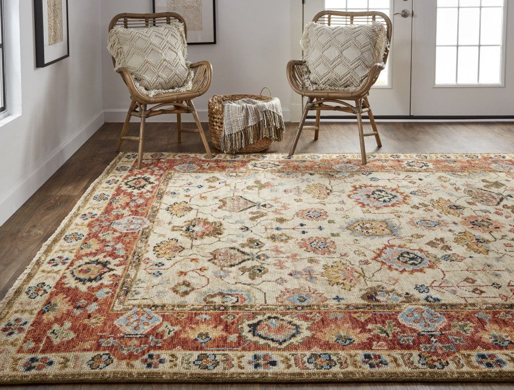 Stain-Resistant Hand-Knotted Wool Area Rug with Elegant Red & Ivory Floral Pattern