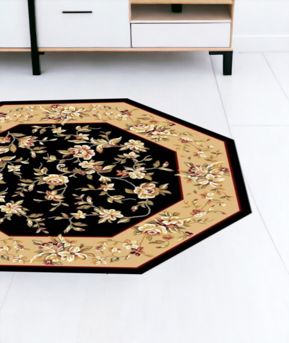 Exquisite Black and Beige Floral Area Rug for Home Decor - Transform Your Living Space with Graceful Artistry