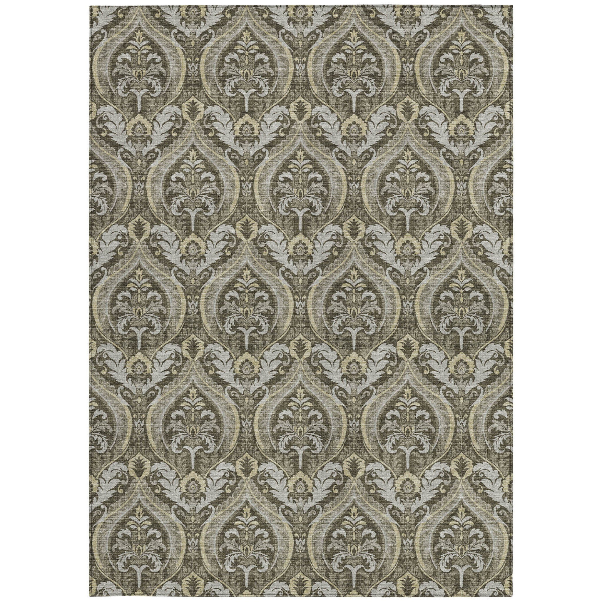 Stylish Washable and Stain - Resistant Non - Skid Damask Design Indoor Outdoor Runner Rug Measuring 27 Inches by 90 Inches
