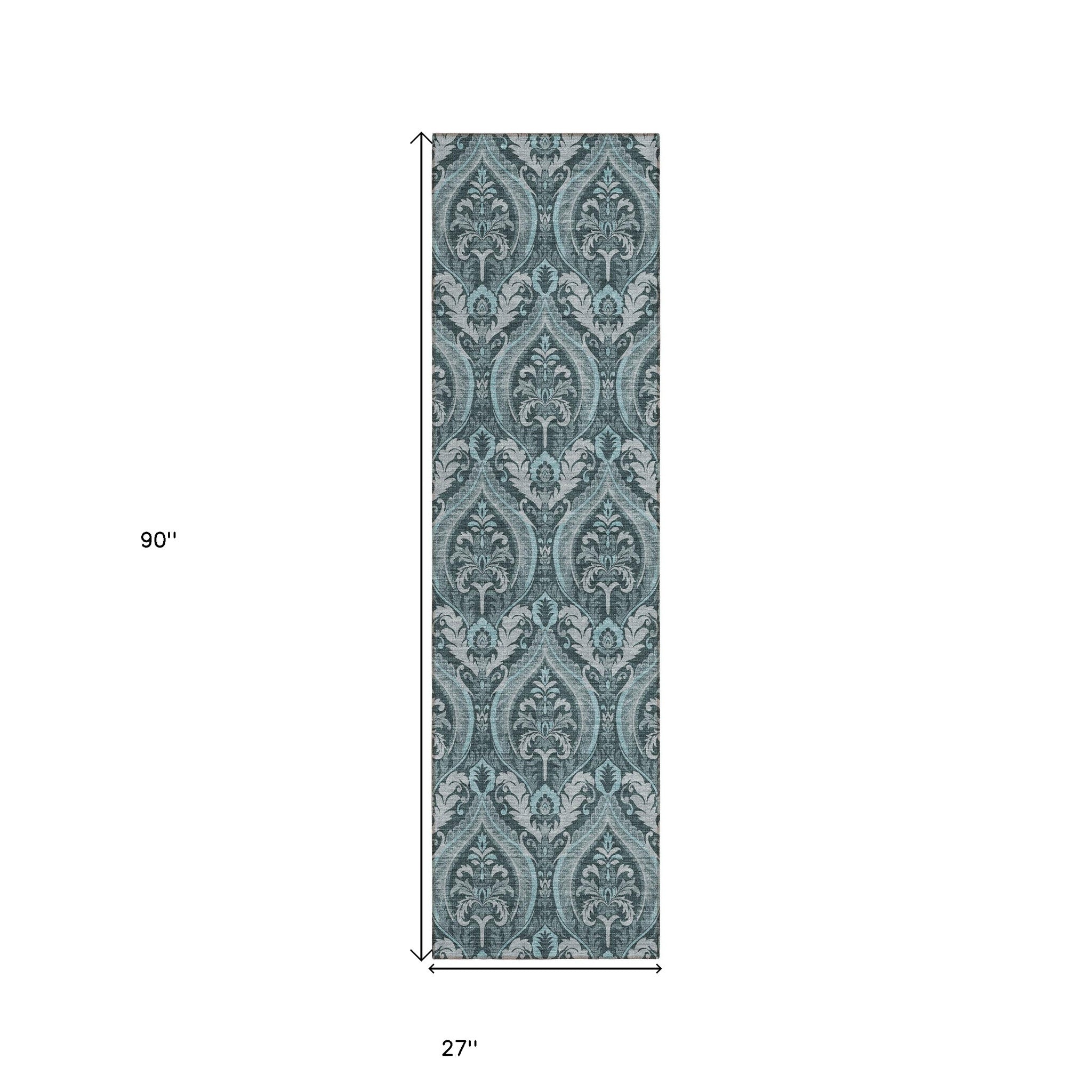 Stylish Washable and Stain - Resistant Non - Skid Damask Design Indoor Outdoor Runner Rug Measuring 27 Inches by 90 Inches