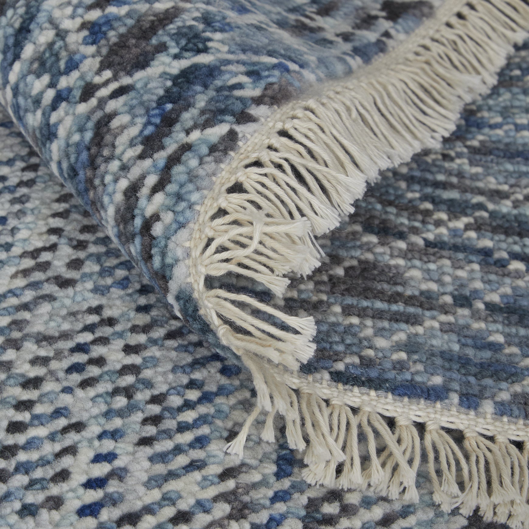 Stylish Hand-Knotted Ivory, Gray & Blue Area Rug with Fringe, Stain-Resistant