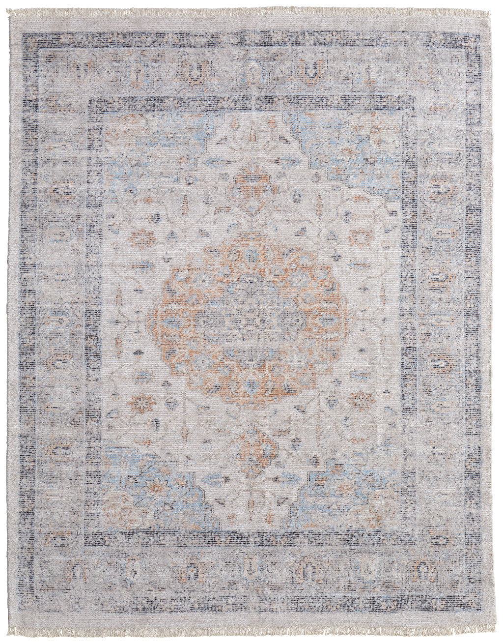 Exquisite Hand - Woven Distressed Oriental Style Area Rug in Blue, Orange, and Ivory with Fringe for Home Decor