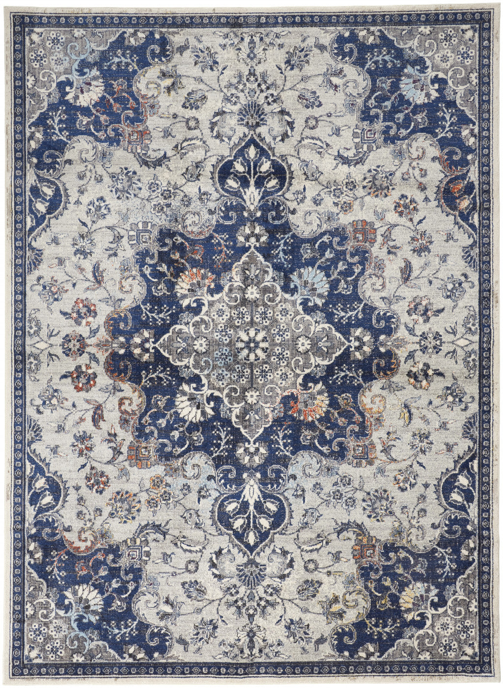 Stain-Resistant Power Loomed Gray, Ivory & Blue Floral Area Rug for Cozy Homes
