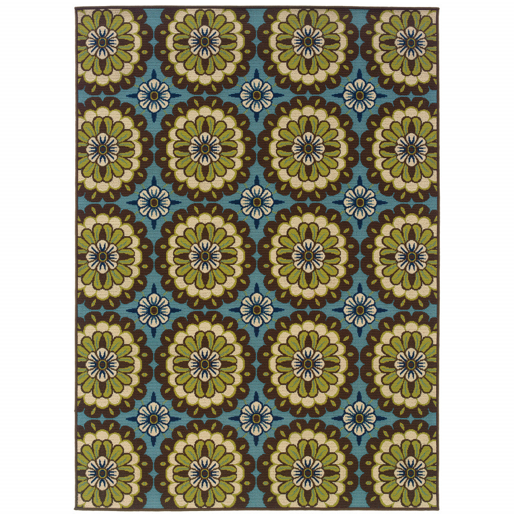 Stain-Resistant Blue and Green Floral Outdoor Area Rug for Indoor/Outdoor Use