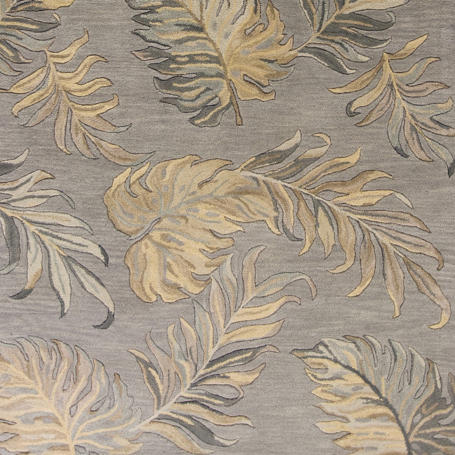 Modern Hand-Tufted Grey Wool Area Rug with Botanical Leaves Design for Homes