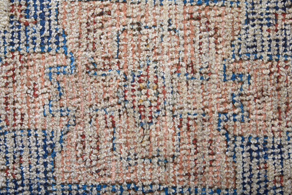Artisan Hand-Woven Distressed Area Rug - Abstract Red, Blue, and Ivory Design with Fringe