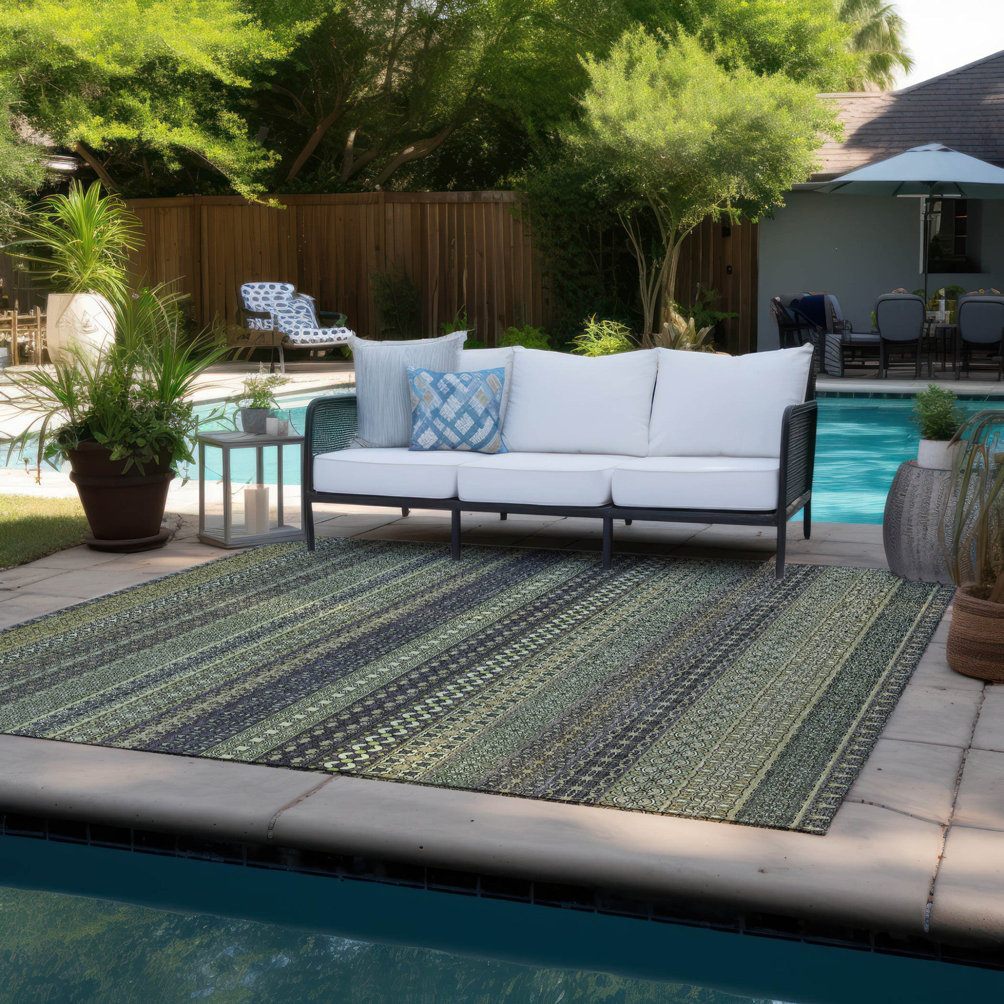 Artichoke Green Striped Indoor-Outdoor Runner Rug: Stain-Resistant, Washable & Stylish