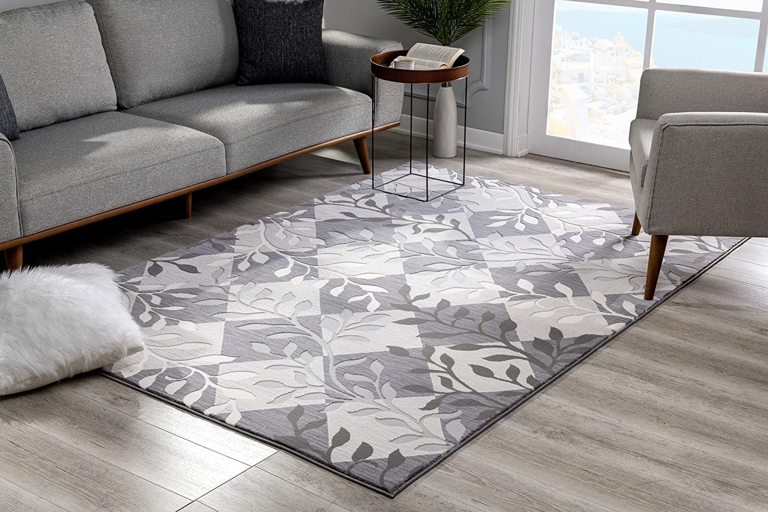 Exquisite Gray Diamond and Vines Area Rug with Elegant Botanical Pattern - Soft, Durable, and Low - Maintenance Floor Covering
