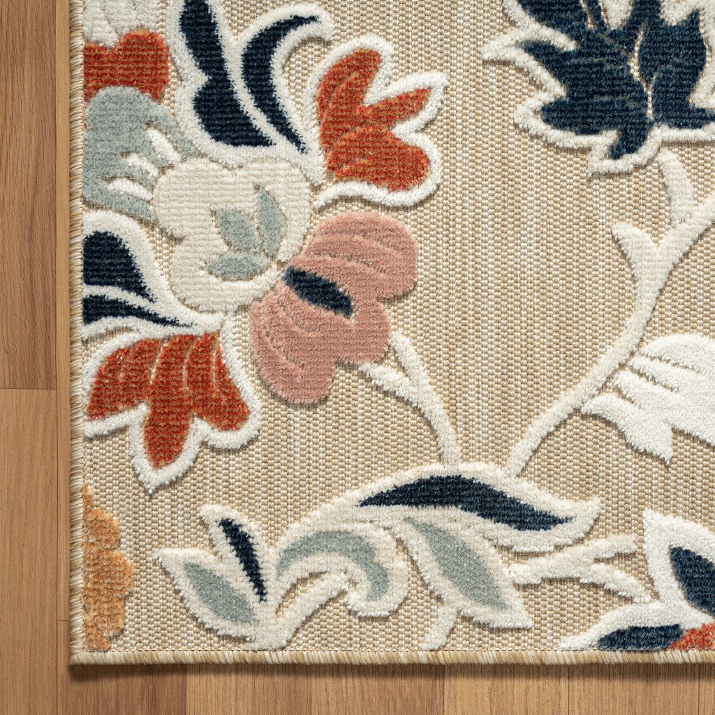 Exquisite 5-Foot by 7-Foot Blue and Beige Floral Indoor-Outdoor Area Rug with Stain-Resistant Luxury