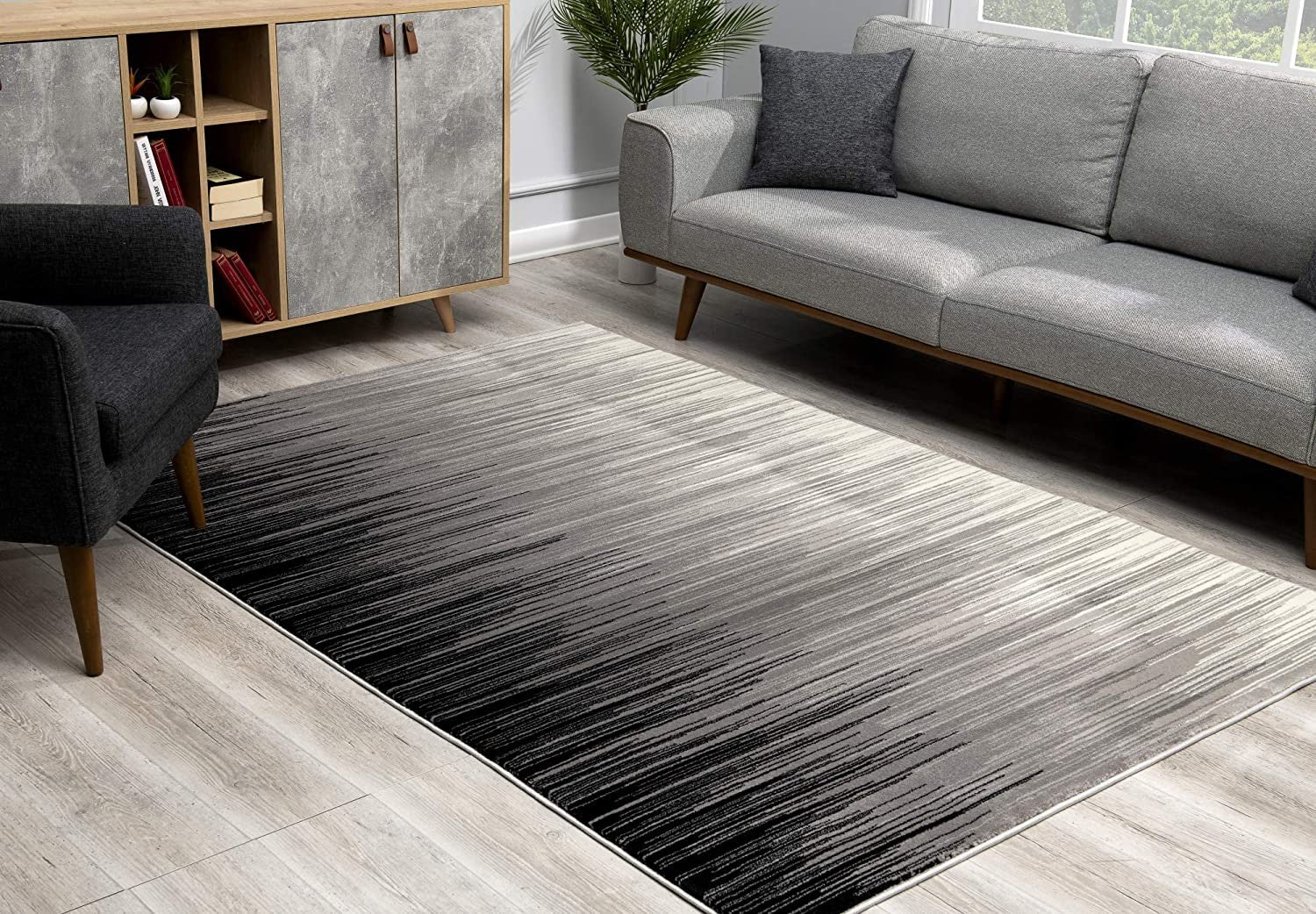 Stylish and Luxurious Black Transitional Striped Runner Rug for Modern Interior Spaces - A Durable Decorative Piece