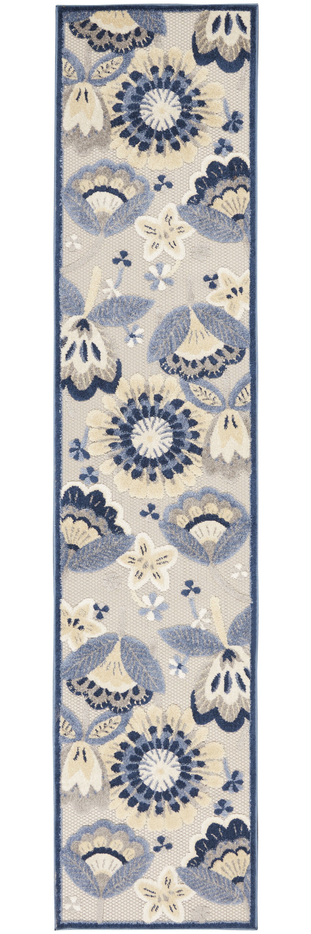 Stylish Blue and Grey Floral Non-Skid Indoor/Outdoor Runner Rug