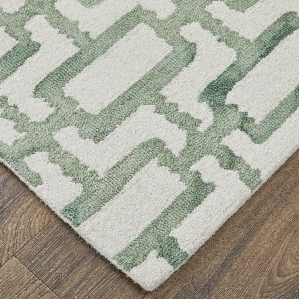 Exquisite Handmade Geometric Wool Blend Area Rug with Elegant Ivory and Green Design for Sophisticated Living Spaces
