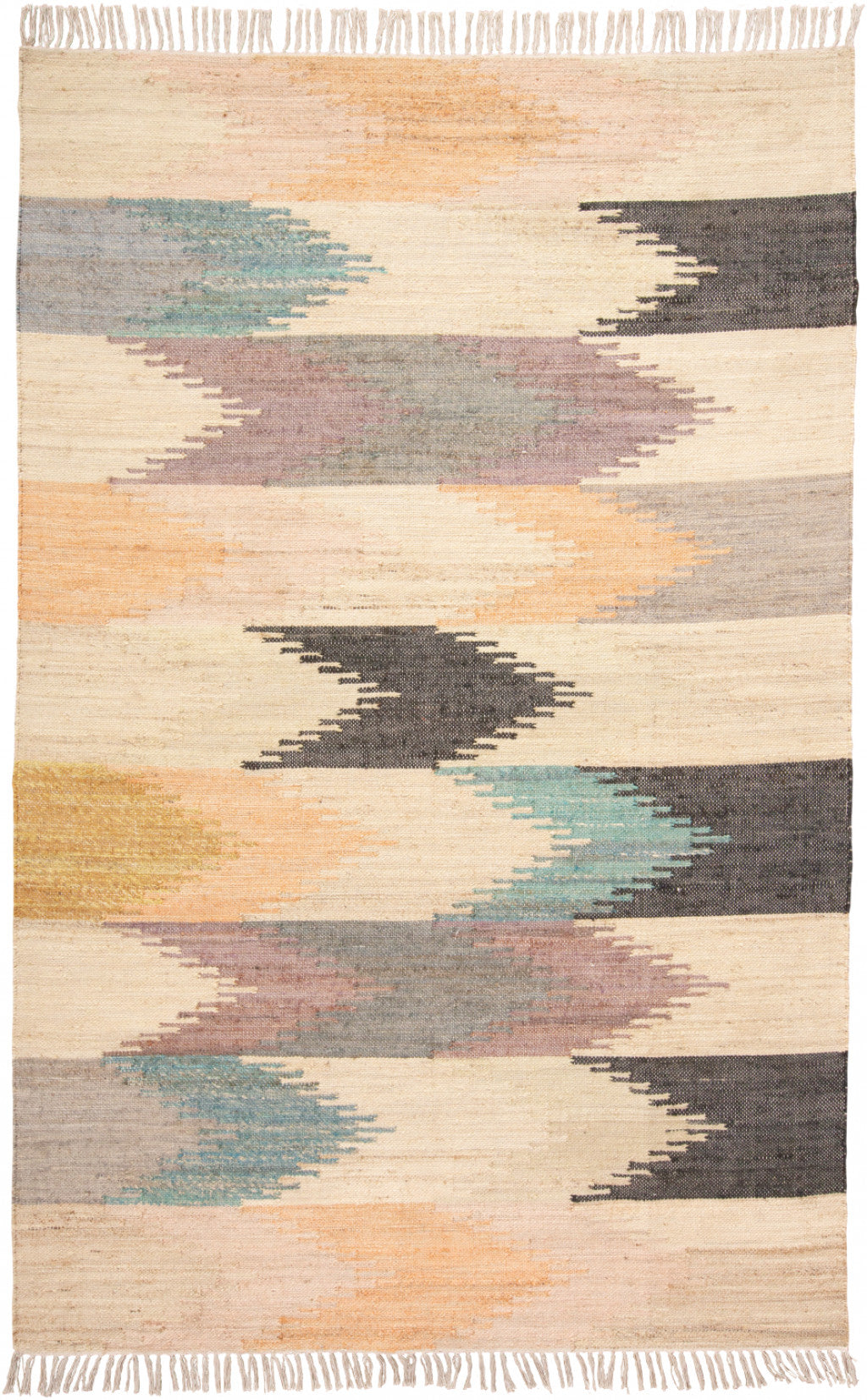 Exquisite Handmade Geometric Area Rug in Tan, Blue & Orange Flatweave Style with Tassel Ends for Elegant and Stylish Homes