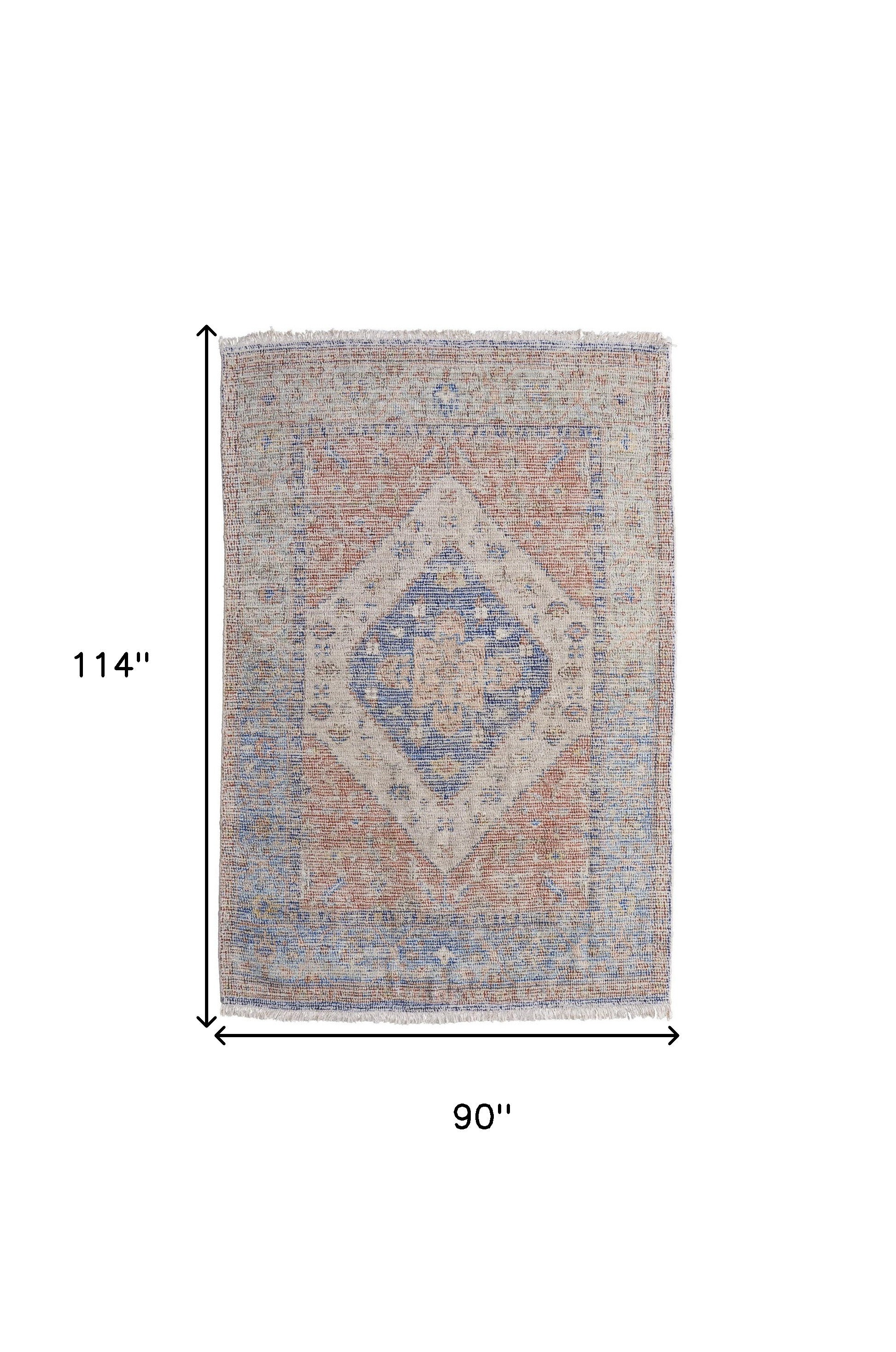Artisan Hand-Woven Distressed Area Rug - Abstract Red, Blue, and Ivory Design with Fringe