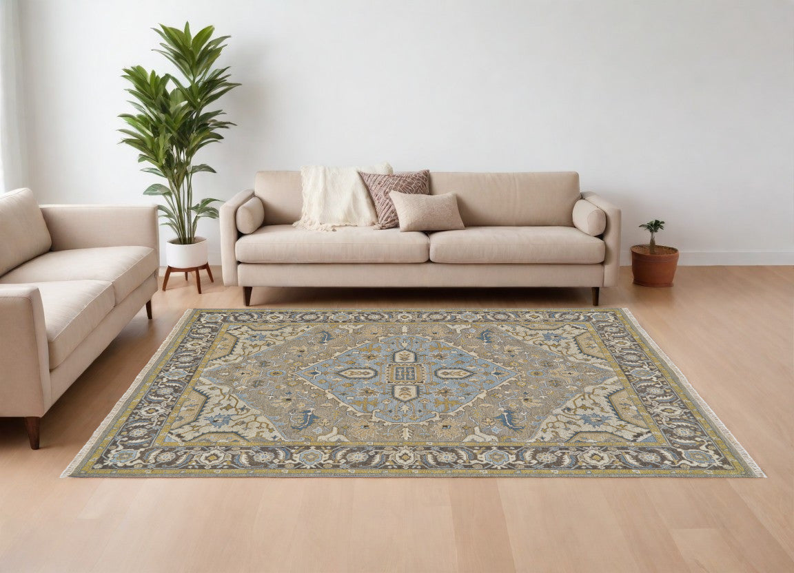 Luxury Stain-Resistant Hand-Knotted Wool Area Rug in Blue and Tan Oriental Design