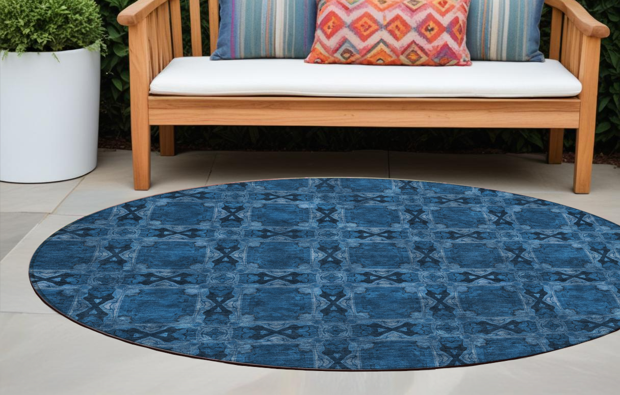 Stain-Resistant, Non-Skid Washable Teal Floral Medallion Round Runner Rug for Indoors & Outdoors