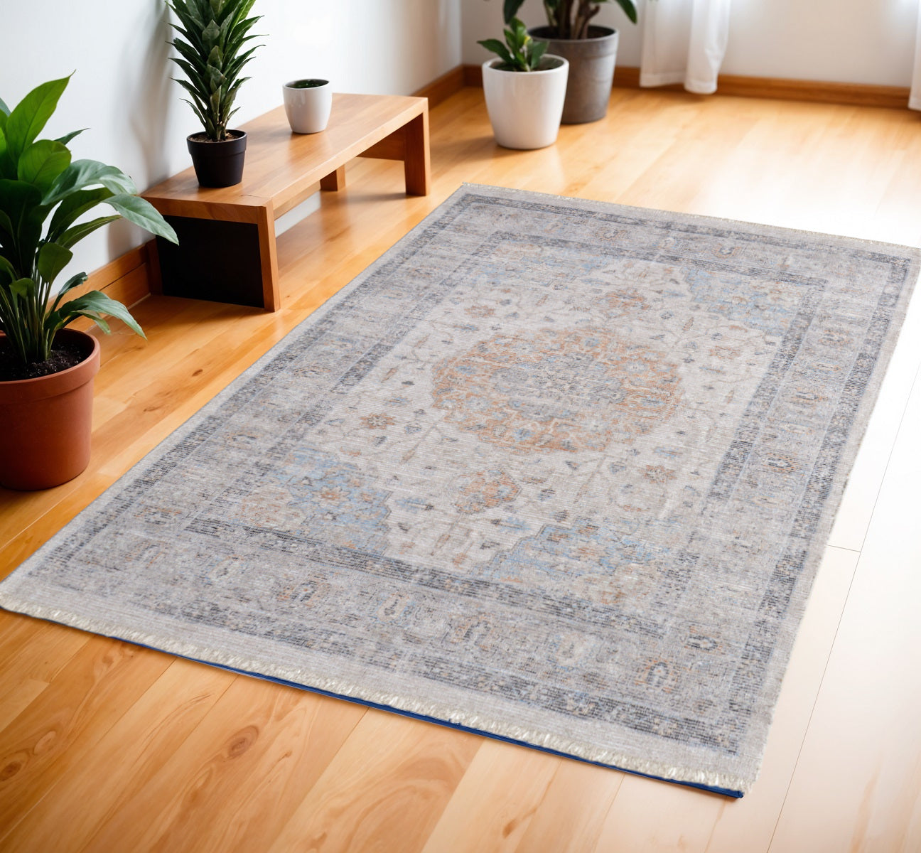 Exquisite Hand - Woven Distressed Oriental Style Area Rug in Blue, Orange, and Ivory with Fringe for Home Decor