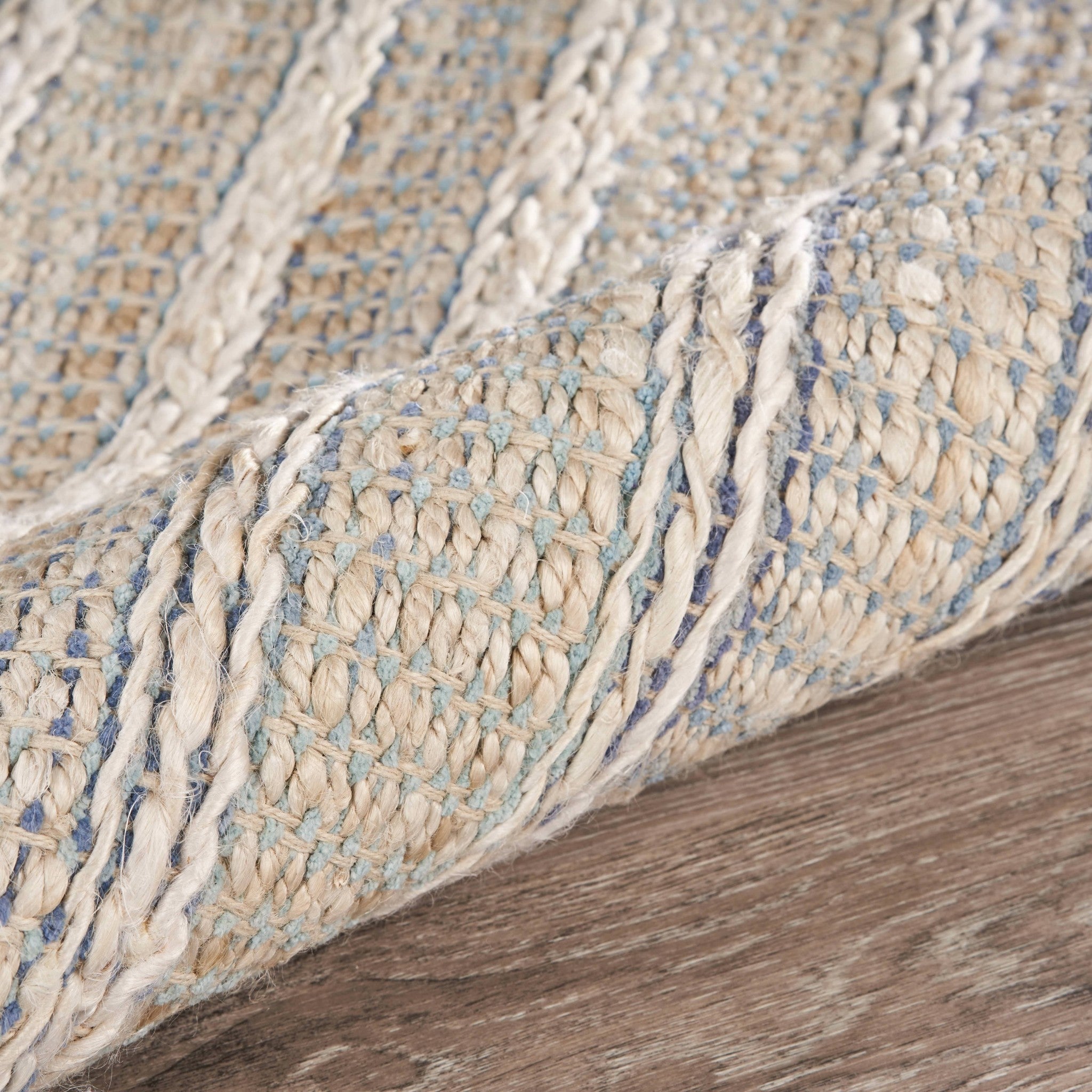 Luxury Handwoven Blue and Cream Braided Jute Area Rug for Farmhouse & Bohemian Homes