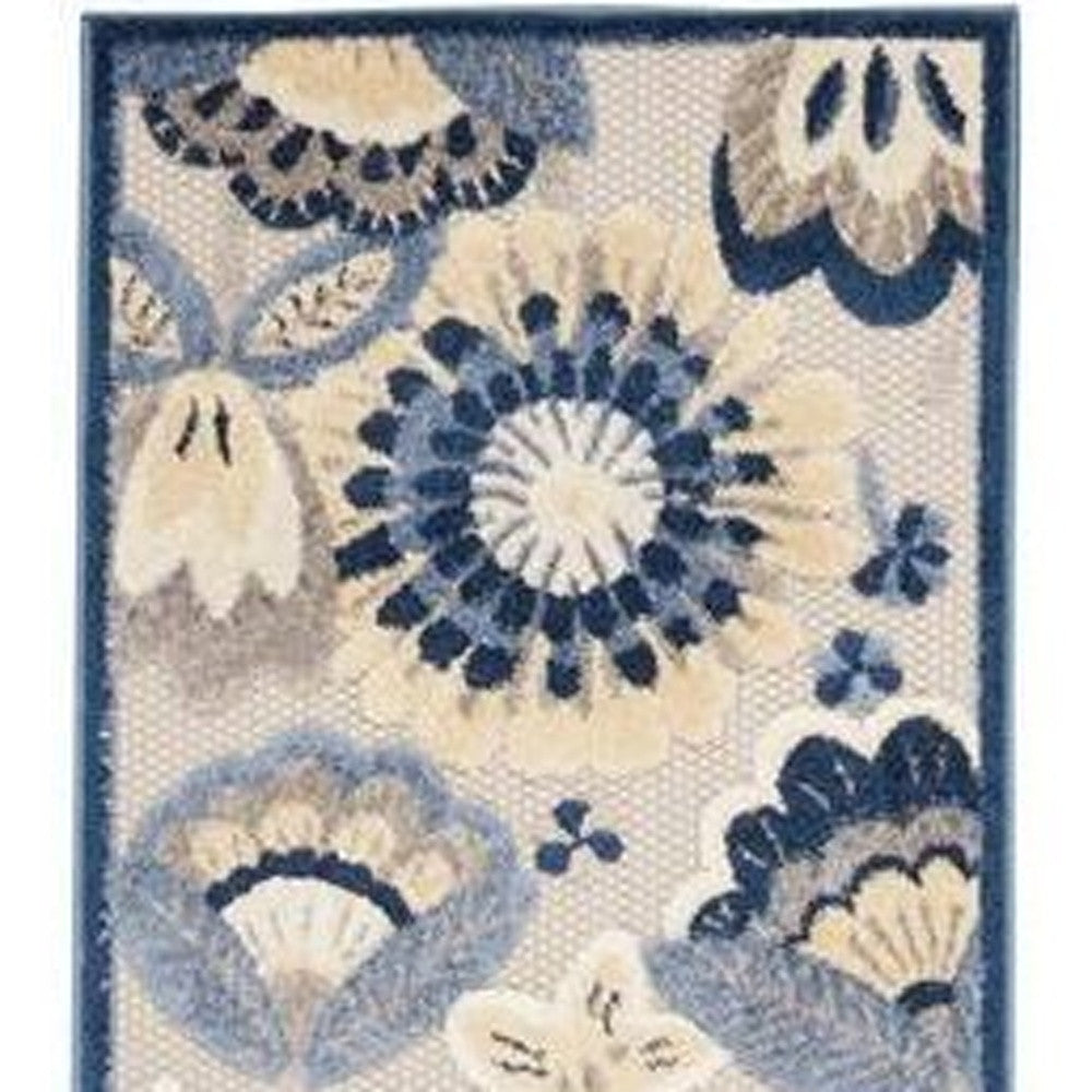 Exquisite 2-Foot by 12-Foot Blue and Gray Floral Non-Slip Indoor/Outdoor Runner Area Rug for Sophisticated Spaces
