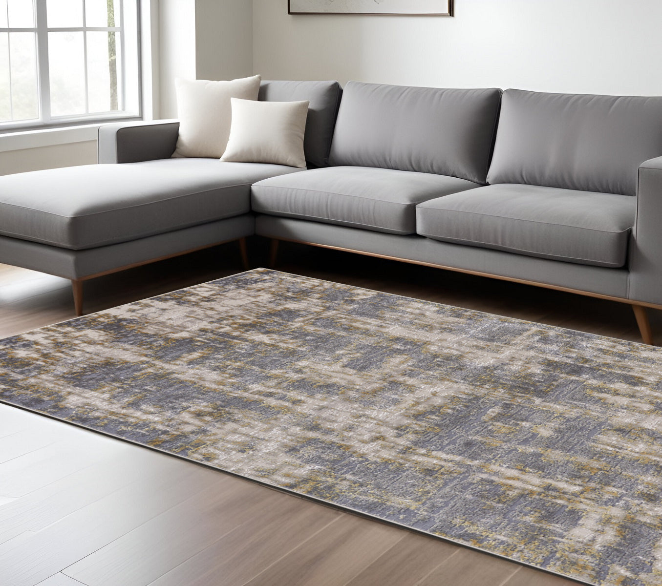 Stylish and Stain-Resistant Gray Abstract Polypropylene Area Rug for Family-Friendly Living Spaces
