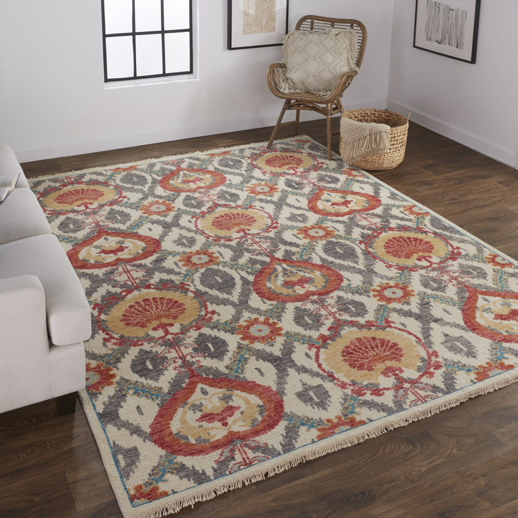 Stain-Resistant Hand-Knotted Wool Area Rug with Orange and Gray Floral Design