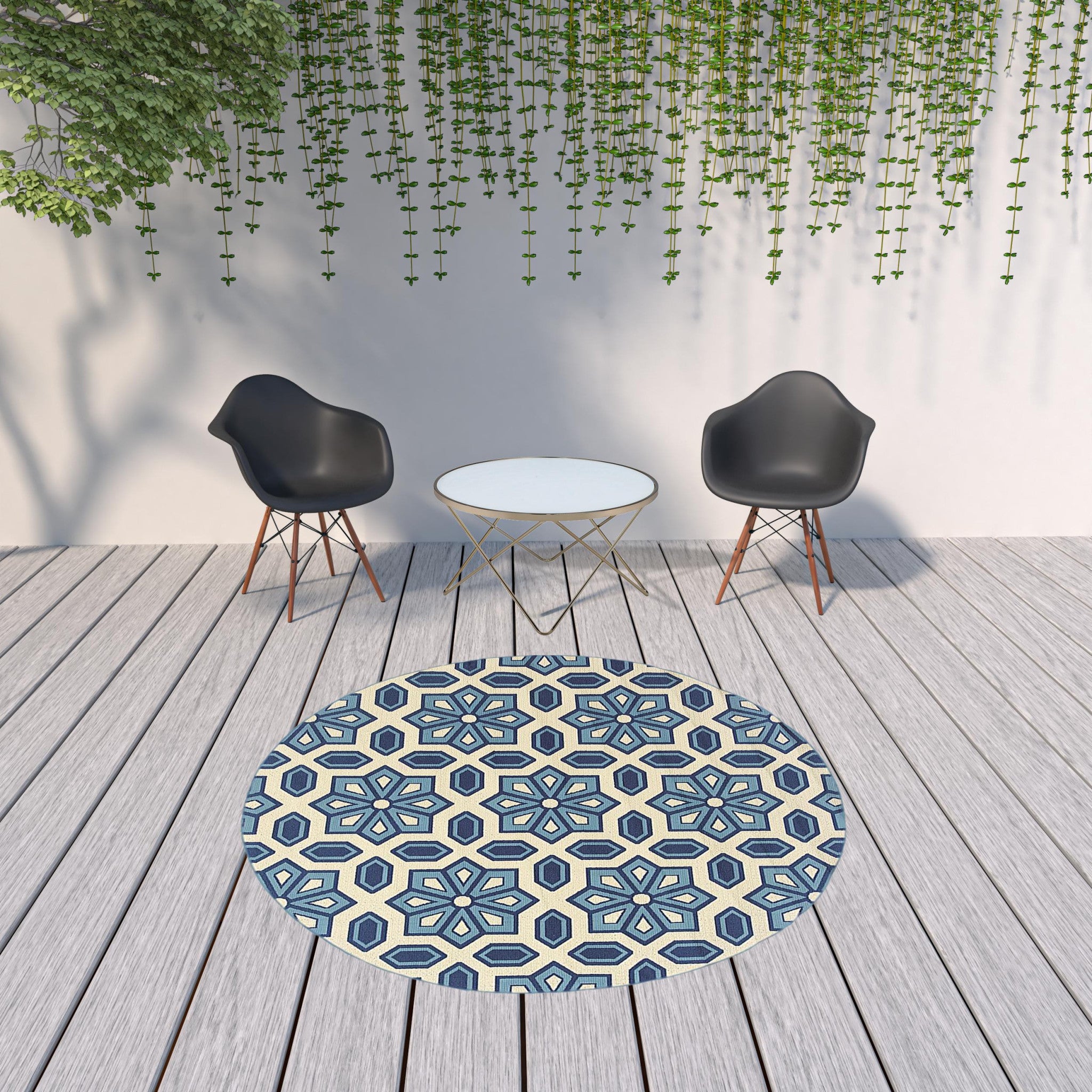 Ivory and Blue Geometric Stain-Resistant Outdoor Area Rug for Comfort and Style
