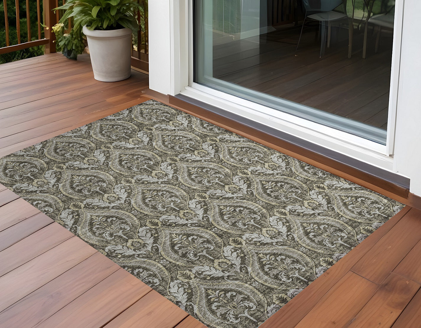 Stylish Washable and Stain - Resistant Non - Skid Damask Design Indoor Outdoor Runner Rug Measuring 27 Inches by 90 Inches