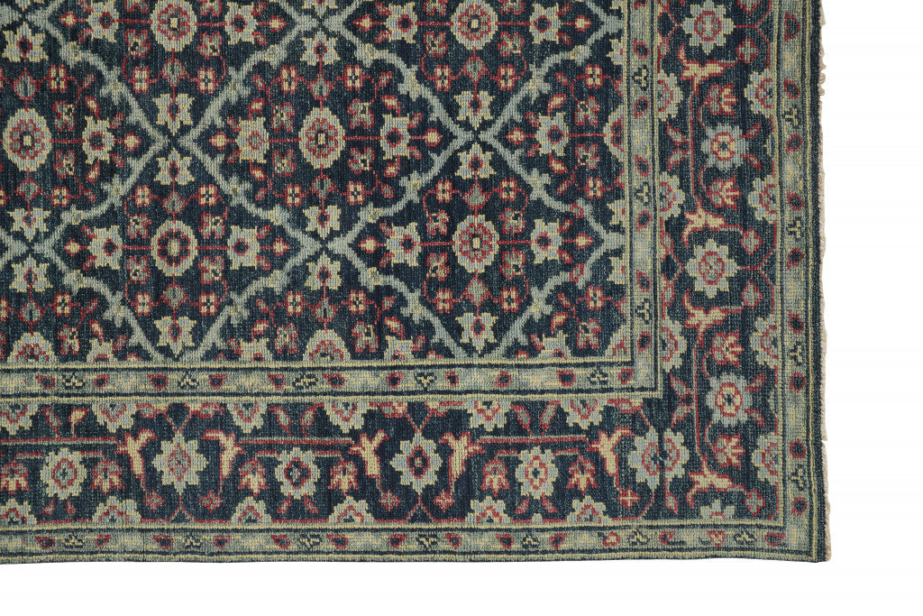 Stain-Resistant Hand-Knotted Wool Floral Area Rug in Blue, Green, and Red with Tassels