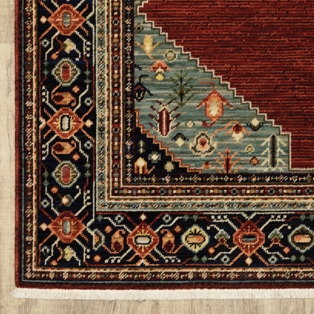 Stylish Red, Blue, and Ivory Stain-Resistant Oriental Runner Area Rug with Elegant Fringed Ends