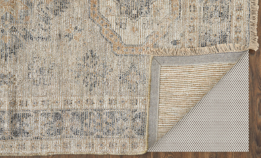 Elegant Hand-Woven Distressed Tan Oriental Area Rug with Fringe for Timeless Decor